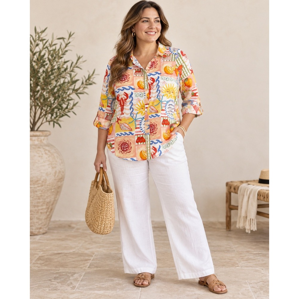Calypso St Barth L Linen Blend Shirt Lobster Citrus Mediterranean Coastal Print